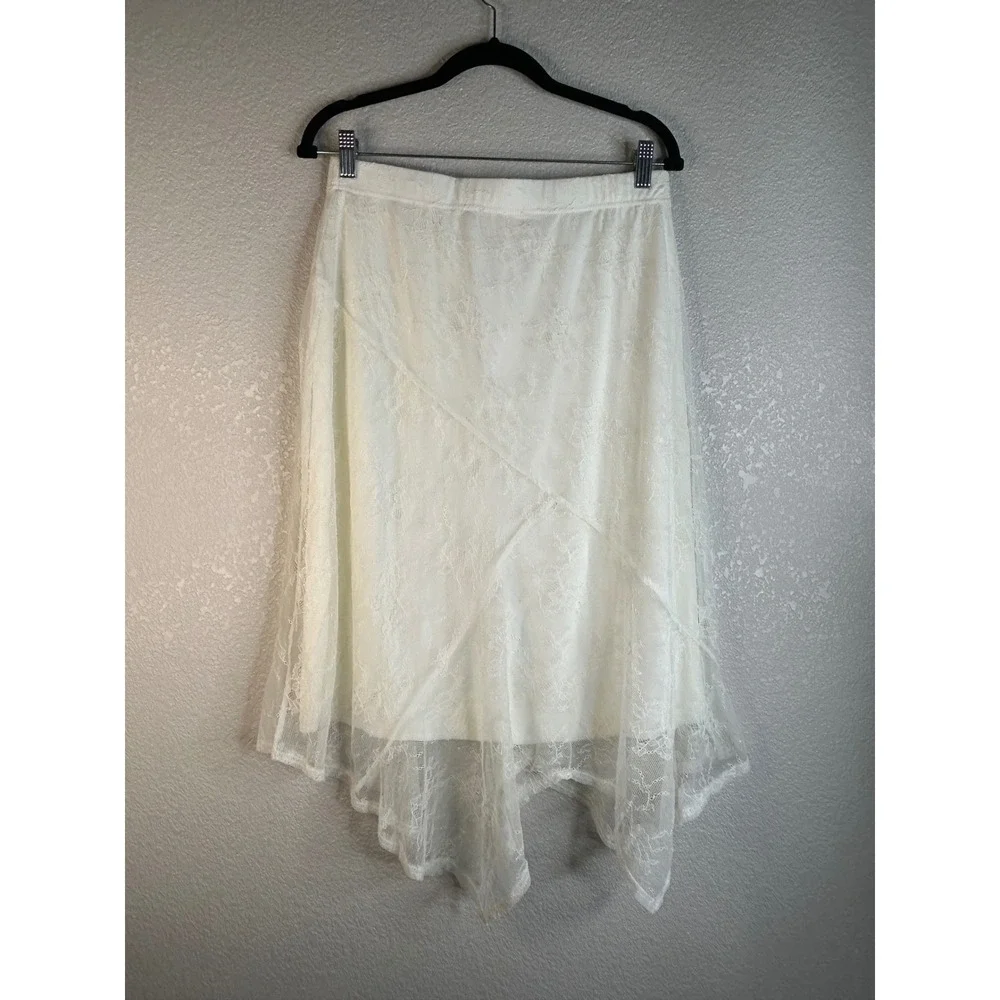 Ember Y2K 90's White‎ Lace Handkerchief Hem Floral Overlay Midi Skirt Size Large